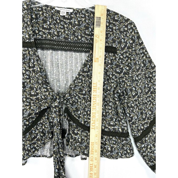 American Eagle Tie Front Top Boho Brown Floral Blouse Sz M Crochet Cottagecore - Picture 5 of 9